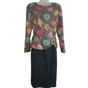 Vtg 80s Anne Crimmins Silk Sequined Top Dress with Black Skirt